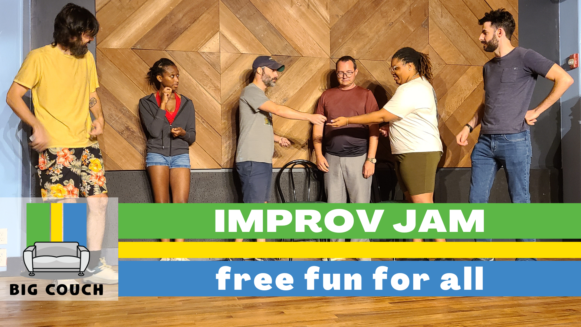 A diverse group of people participate in an improv jam on a stage.